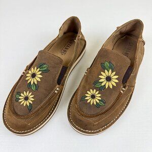 EUC Shyanne Sunflower Embroidered Tan Nubuck Leather Moc Toe Slip On Loafers